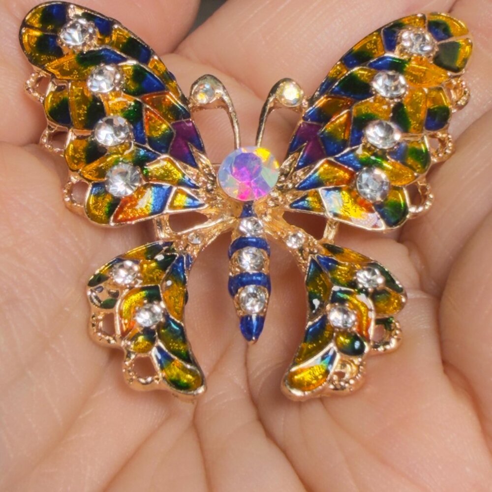 Butterfly Brooch Enamel Rhinestone Gold Tone Insect Pin 2" - Picture 4 of 5